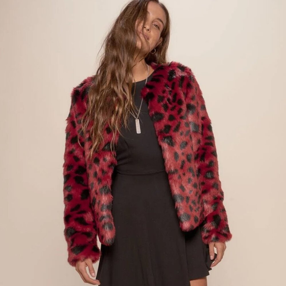 Maroon and black bomber leopard print jacket.